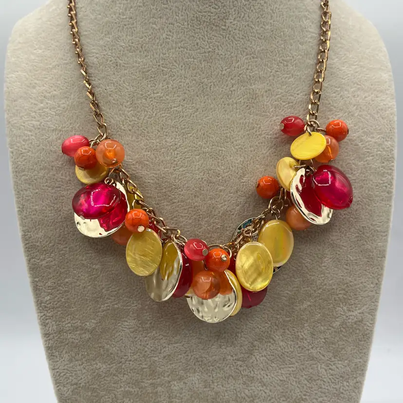 #J49 - Cluster Necklace Gold Tone Pink Glass And Yellow Shell - About 20”
