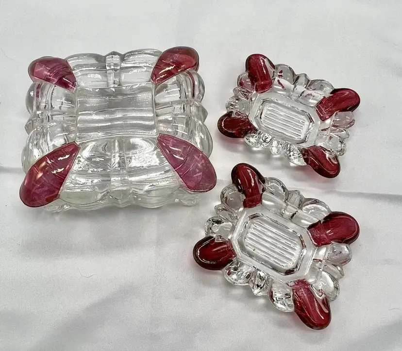Westmoreland Ruby Red Flashed Glass Cigarette Box Matching Ashtrays Trinket Dish