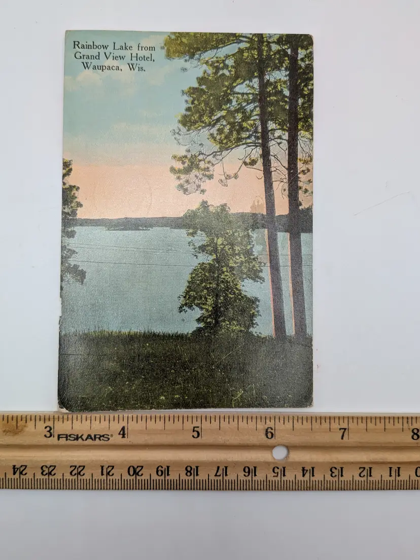 E91. Antique Postcard Postmarked 1919 Red 2 ¢ Stamp Waupaca Wisconsin Rainbow Lake from Grandview Hotel Colored Photo