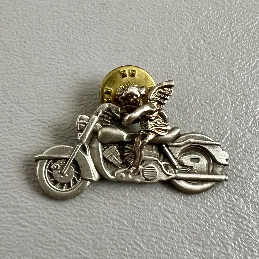 Vintage Motorcycle Guardian Angel Lapel Hat Pin Pinback Silver Tone 1.5"