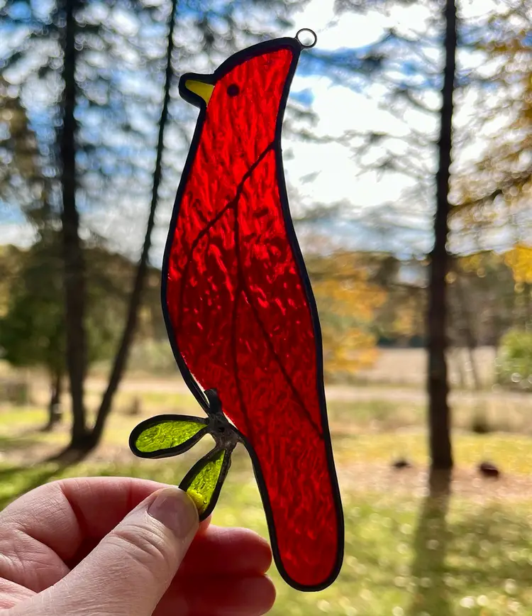 Vibrant Red Male Cardinal Bird Window Stainglass Art Heavenly Messenger Winter
