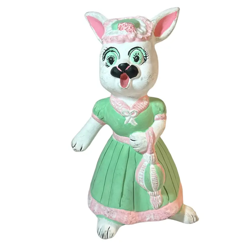 Rare Surprised Big Eyed Green and Pink Dressed Ceramic Bunny Rabbit
