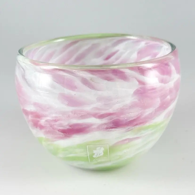 Kerry Glass Ireland Hand-Blown Glass, Tea Light Votive Candle Holder Bowl, Pink & Green Vintage