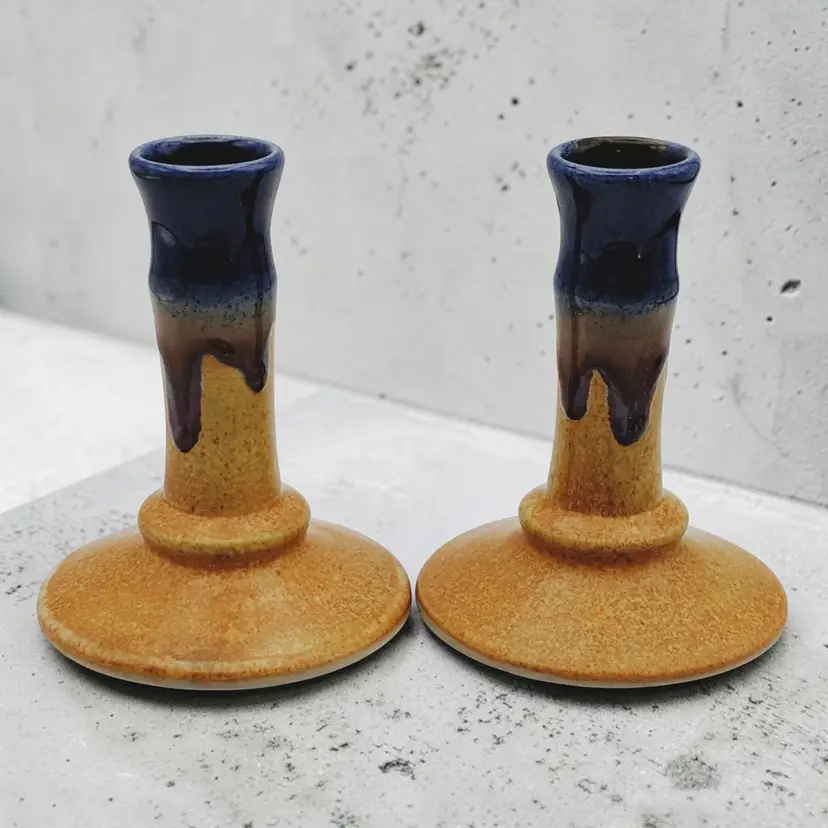 Vintage Walt Glass Signed Art Pottery Candlestick Candle Holder Blue Drip Glazed
