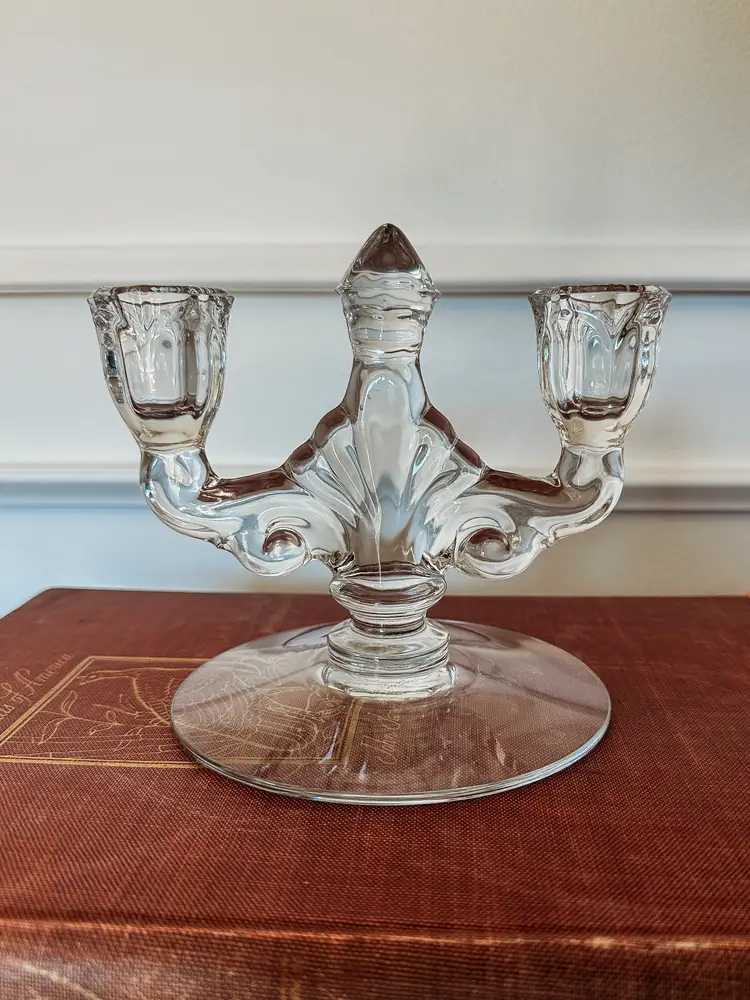 Heisey Trident Crystal Danish Clear Princess Candlestick Double Candle