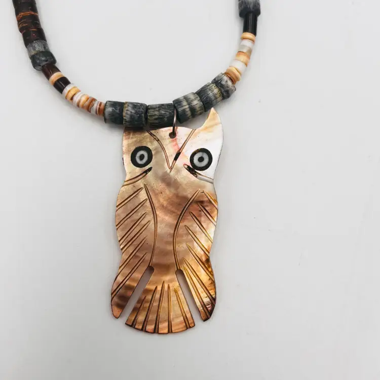 Mother Of Pearl MOP Owl Pendant Charm Jewelry with Heishi Style Bead Necklace