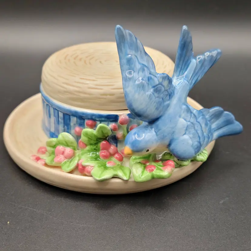 #01 Vintage Fitz & Floyd Hat-Shaped Trinket Box With a Blue Bird & Flowers