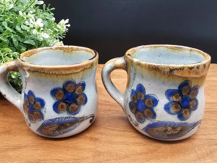 Set of 2 Mexican Tonala Pottery Mugs Bird Butterfly Puerto Vallarta Signed FM w/Snail