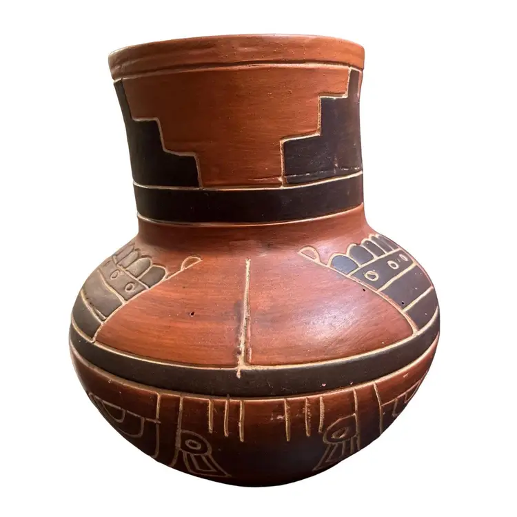 Vtg Mexico Terracotta Pottery Vase Pot Aztec Mayan Faces 7” Tribal Aztec