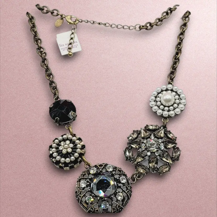 Lia Sophia Necklace Antiqued Gold Tone Crystal Faux Pearl Round Pendants 16 Inch