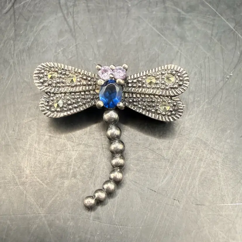 Sapphire Amethyst & Marcasite Sterling Dragonfly Brooch 1”