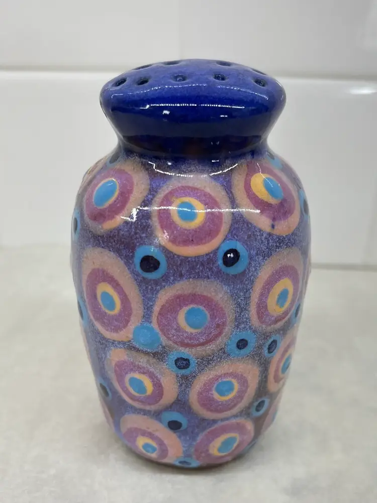 San Pedro Pottery Redware, Hand Painted Shaker Blue & Pink Circles