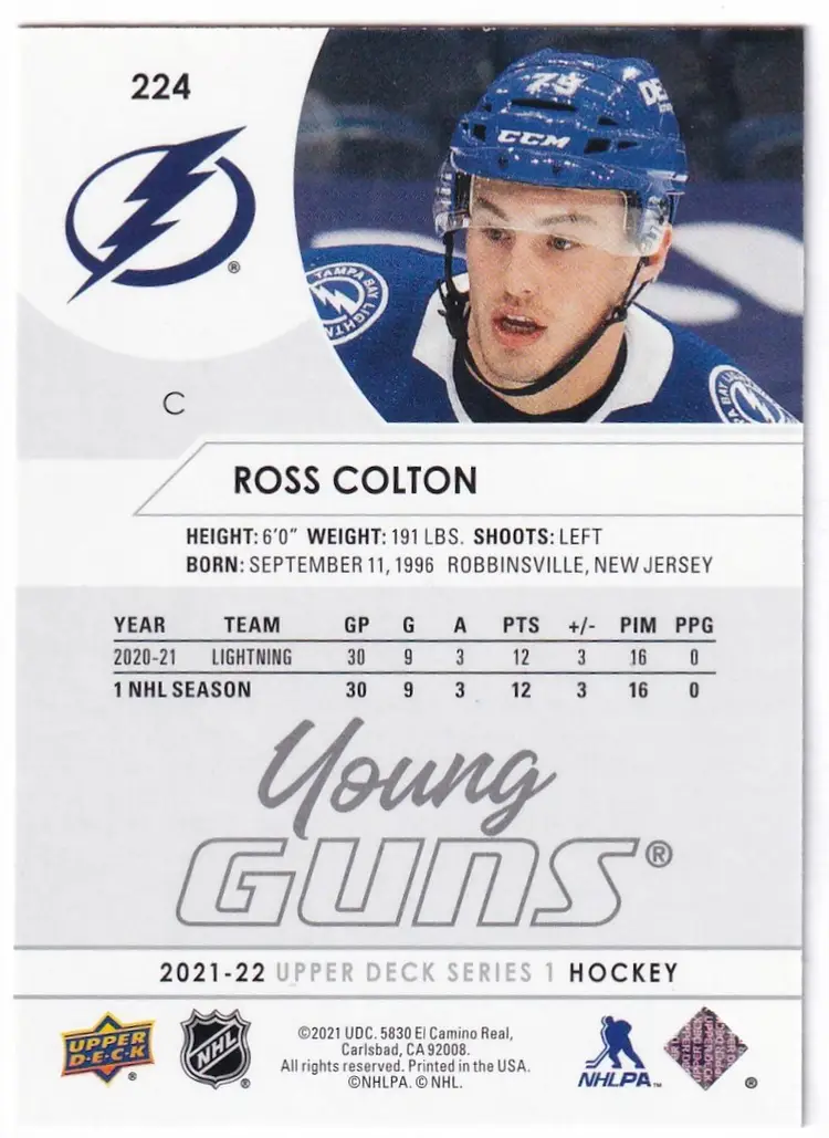 2021-22 Upper Deck #224 Ross Colton YG RC Tampa Bay Lightning Hockey Card