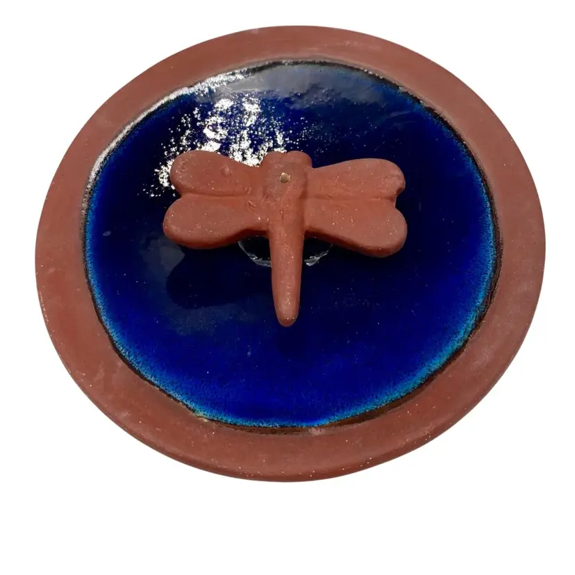 Red Clay Pottery Sculpted Dragonfly Incense Holder/Trinket Dish, Cobalt Glaze