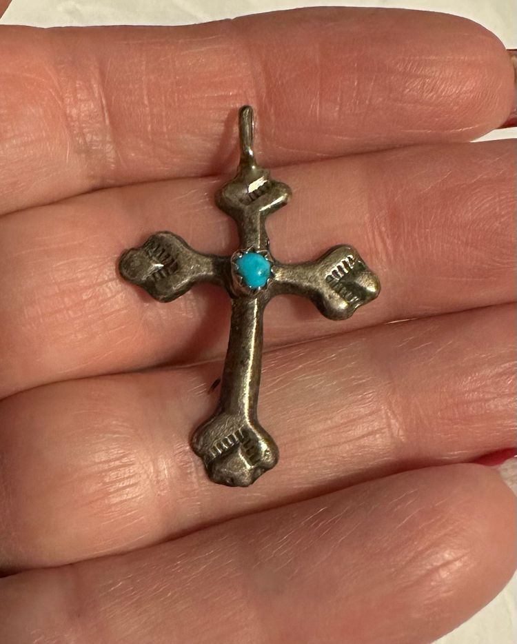 Navajo Native American Sterling Silver & Turquoise Crucifix Cross Pendant