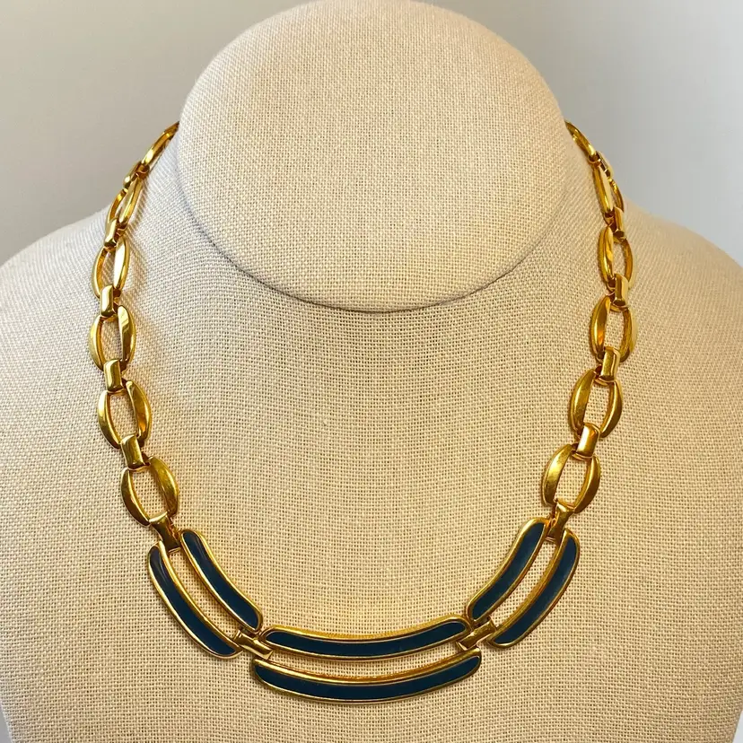 Vintage Napier Dark Navy Blue Enamel Chunky Modernist Choker Chain Link Necklace