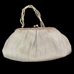 Vintage La Regale -Silver -Kisslock Closure- Evening Bag/Purse/Clutch- Ruched Satin Beaded Handle- Formal- 9”x5.5”