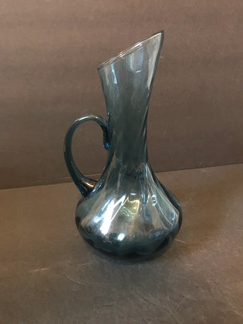 Empoli Glass Blue Optic Swirl Art Glass Ewer Pitcher Mid-Century Modern 8"