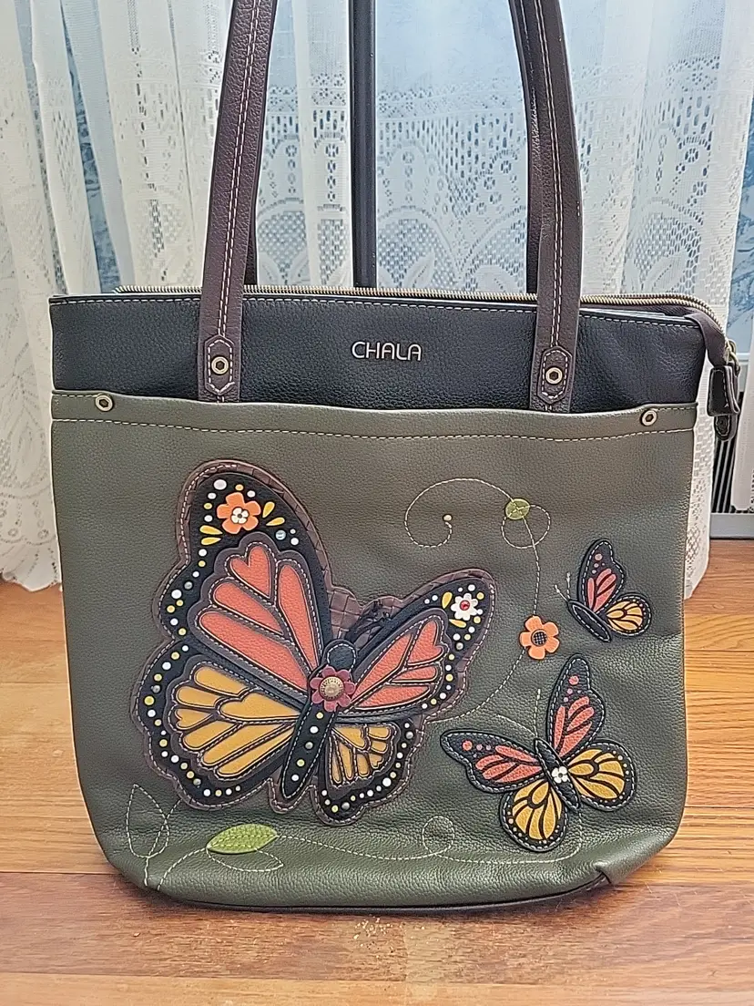 CHALA OLIVE MONARCH BUTTERFLY DELUXE EVERYDAY ZIP TOTE PURSE FAUX LEATHER