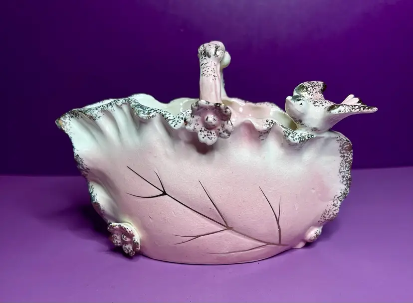 Vintage Porcelain Pink White Silver Basket Vase With Bird