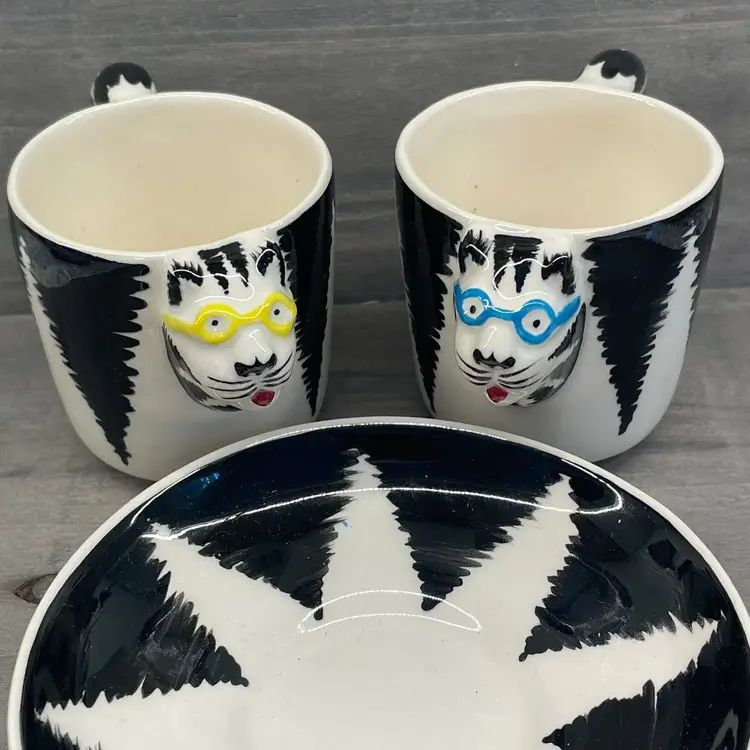 Vintage Tom Hatton Signed Ceramic Striped Cat Teacups Saucer Set 1985 Espresso