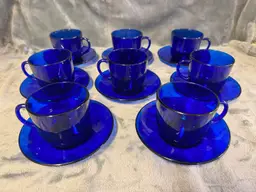 Vintage Arcoroc Set 8 Cobalt Blue Glass Tea Coffee Cup Mug & Saucer France MCM