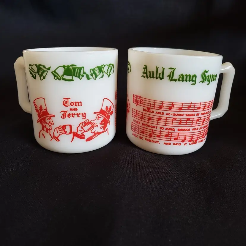 TOM JERRY Egg Nog Cups Auld Lang Syne Milk Glass Mugs Set of 2 Vintage