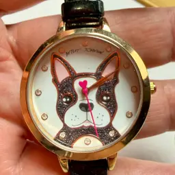 Betsey Johnson French Bulldog Frenchie Watch Gold Tone New Battery Works Black