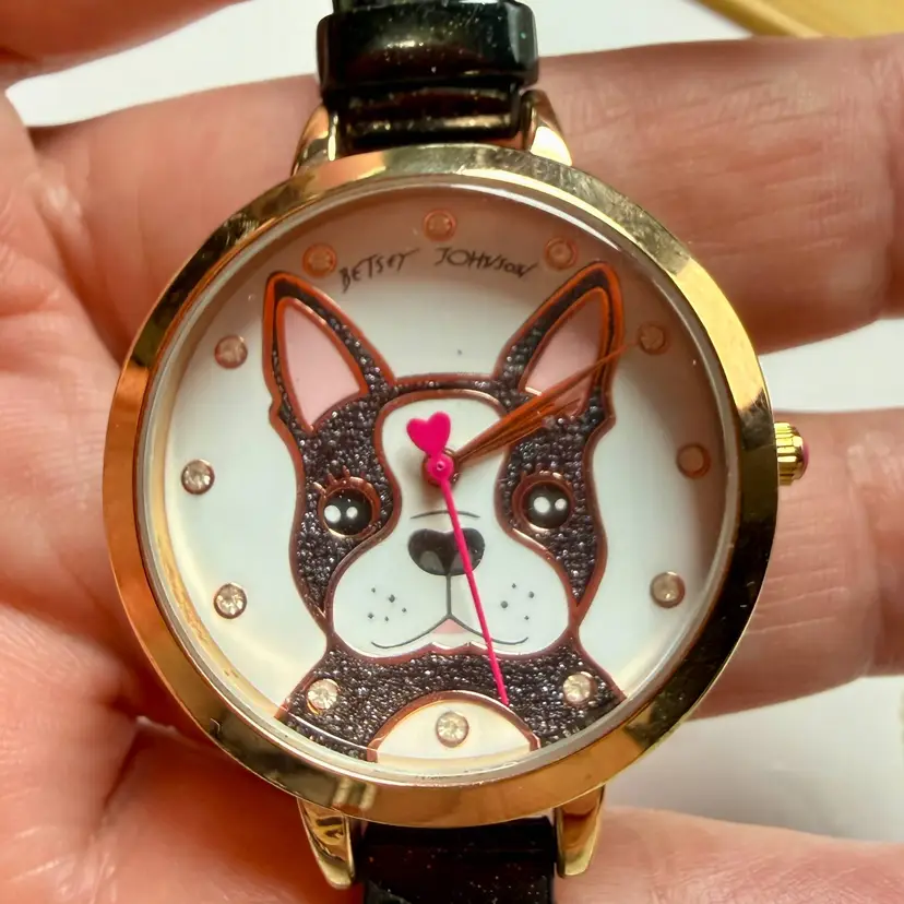 Betsey Johnson French Bulldog Frenchie Watch Gold Tone New Battery Works Black