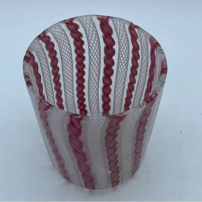 #0431 Vintage Murano glass tumbler with pink ribbon, Oro and White latticino patterns.
