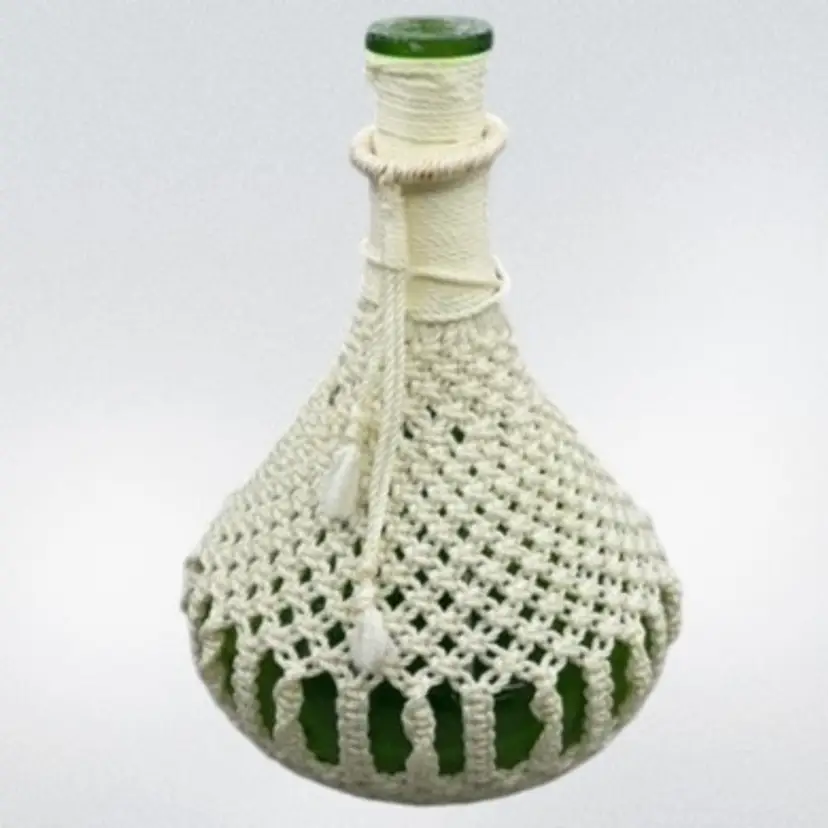 Large Green Glass Bottle Vase With Macrame Cover 9.5”