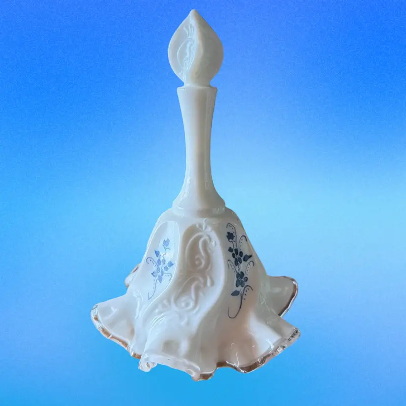 Vintage FENTON BELL  Silver Crest Elizabeth Milk Glass Blue Flowers SIGNED 7”