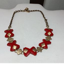 Red Thermoset & Gold Tone Necklace 16” Extender Available Older Good Condition