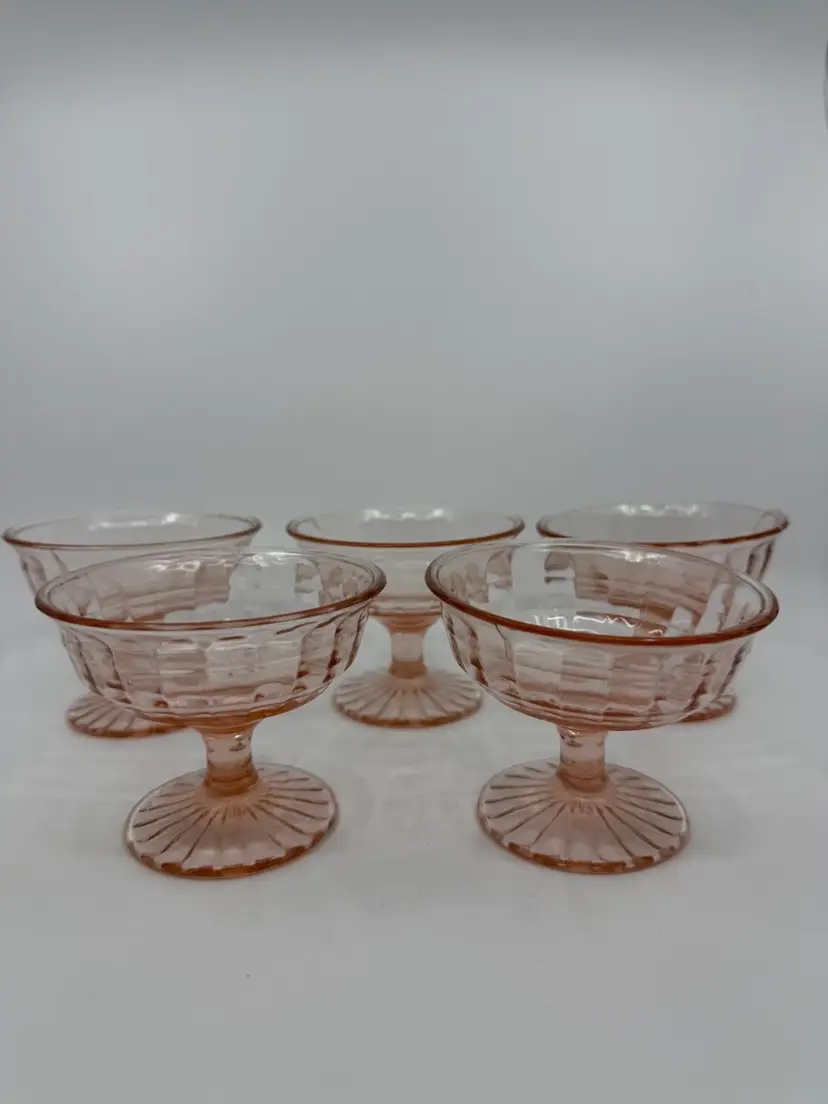 6 Vintage  Anchor Hocking Depression Glass "Block Optic Pink" Sherbets/ Champagne Glasses