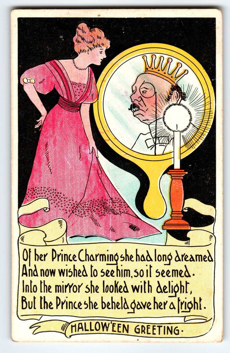 1907-1915 Halloween Postcard Prince Charming Mirror Litho H M Rose TRG Vintage