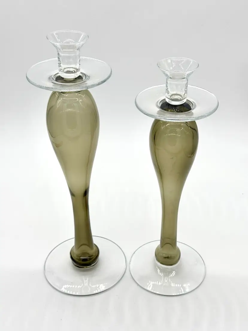 Candleholders Poland Handmade Blown Glass MCM Smokey Gray  Green Set Of 2 - 15.5”H and 14.5”H
