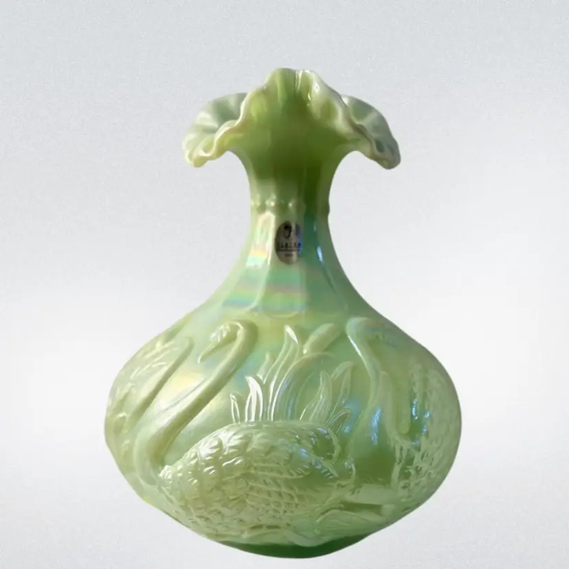 Fenton 8” Glass Vase Historic Collection Sea Green Swans Iridescent Ruffled Crest With Label & Fenton Logo