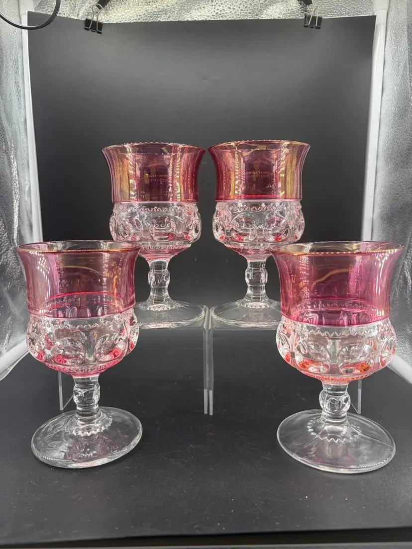 SET OF 4 TIFFIN-FRANCISCAN KING'S CROWN CRANBERY FLASHED STEMMED GLASSES