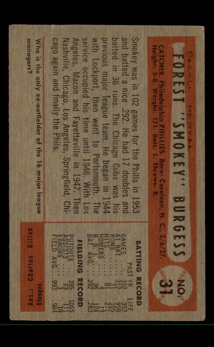 1954 Bowman #31 Smoky Burgess - (pk-tl3) - Philadelphia Phillies