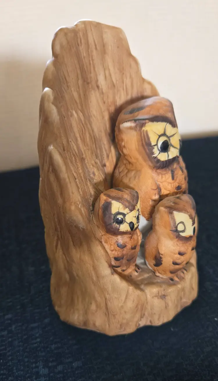 Vintage Ceramic Mother Owl With Her Two Babies Perched Inside A Trunk