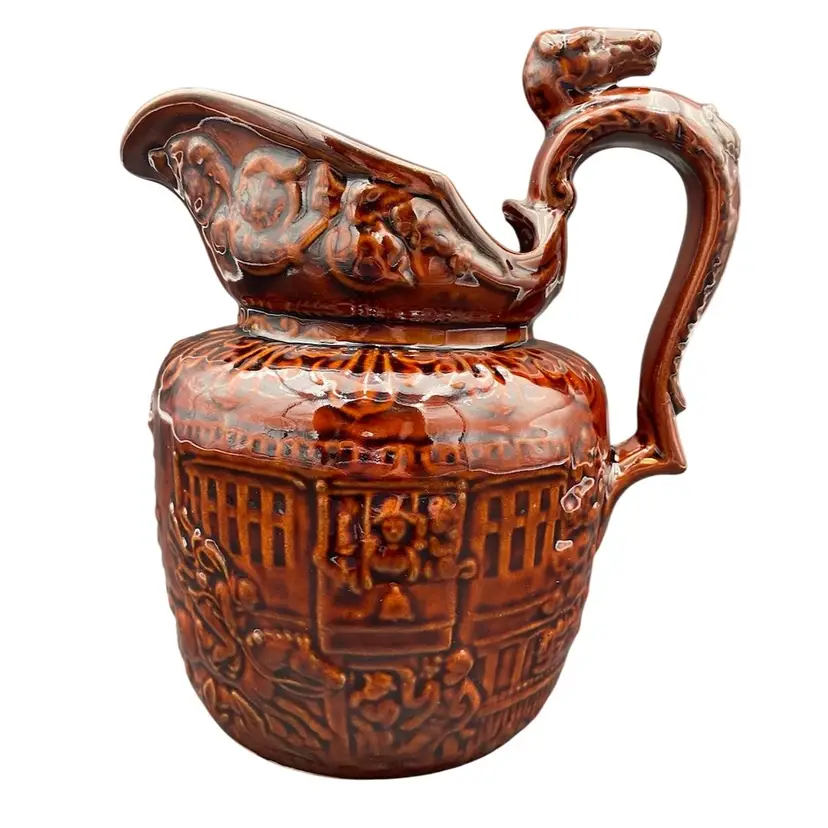 Vintage Rockingham Equestrian Pitcher, Horse Head Handle, Brown Glaze, 8.5"