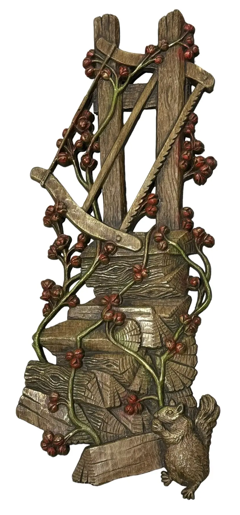 Vintage Burwood Faux Wood Plastic Fence Saw Squirrel Wall Plaque Hanging 17.5"