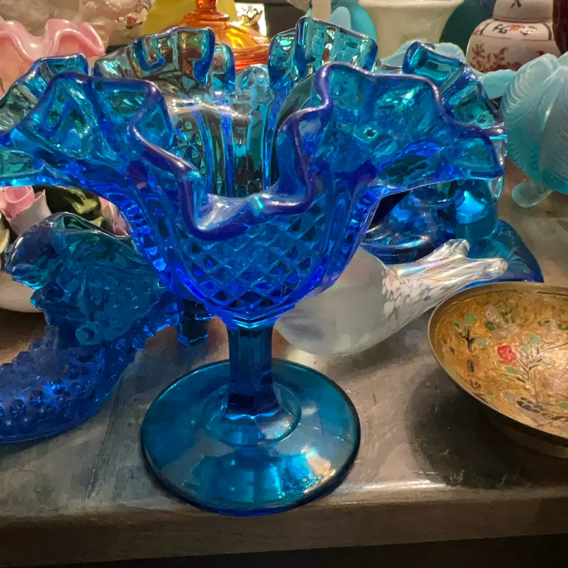 Fenton Blue Ruffle Edge Compote