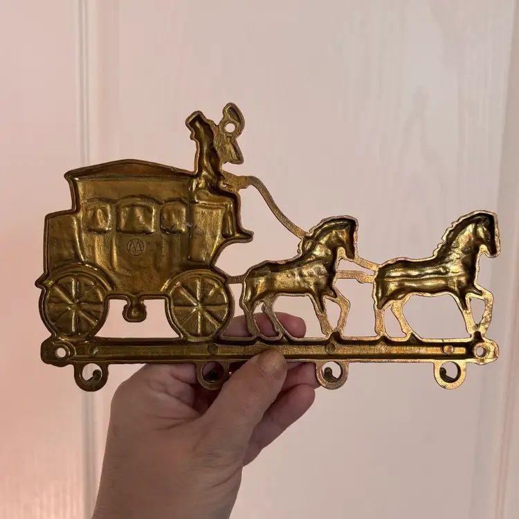 Vintage Solid Brass Horse & Carriage Wall Hanging Hooks
