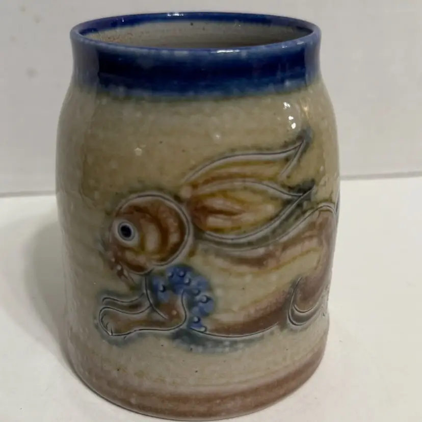 Studio Pottery Mug Stein Salt Glaze ~ Signed ~ Whimsical Bunny & Leaves