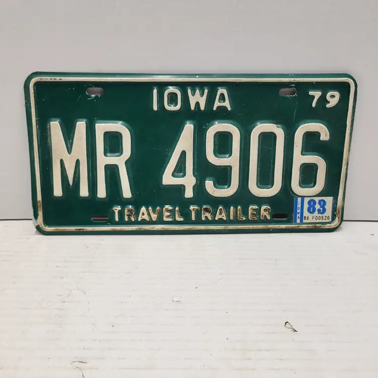 Vintage 1979 Iowa License Plate Travel Trailer MR 4906 Green White 1983 Sticker