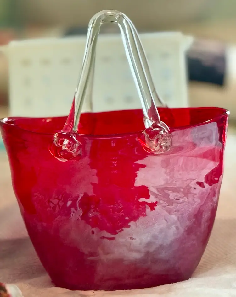 Murano Style Ruby Red Design Society Glass Purse Vase Centerpiece Or Decoration