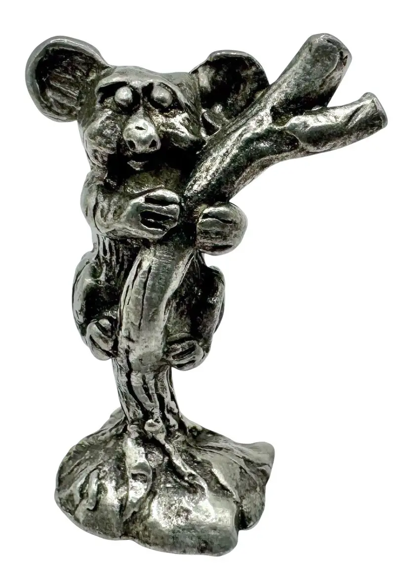 Vintage Pewter Koala on Branch Figurine Silver Tone Metal Animal Australia 1.25”