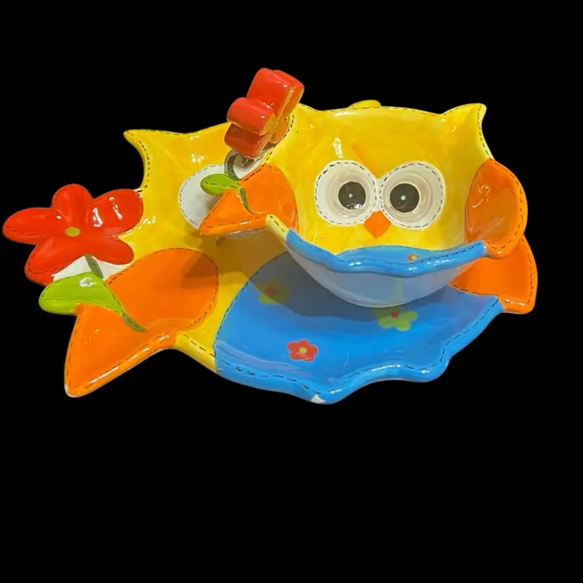 2013 Young's Heartfelt Kitchen Creations Ceramic Owl Serving Tray, Bowl, & Spreader