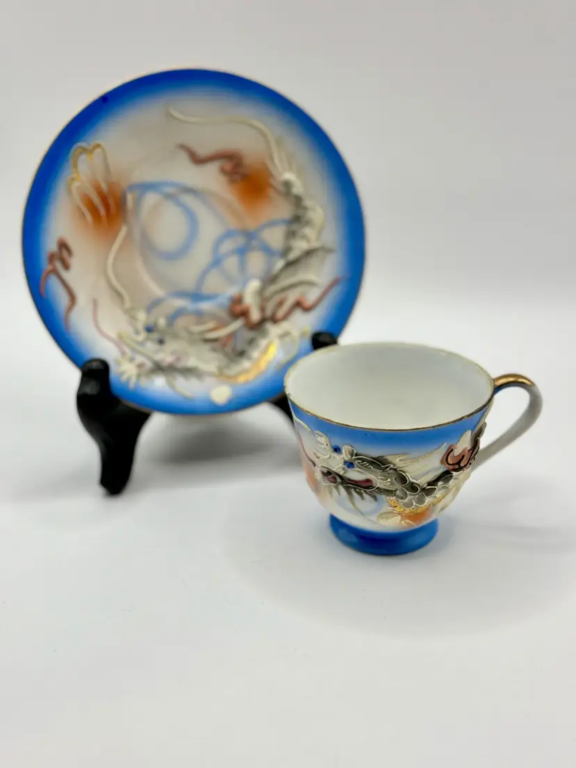 Vintage Dragon Motif Tea Cup & Saucer Set, Hand-Painted Porcelain, Cobalt Blue & Gold Accents, By Betson’s, Made In Japan